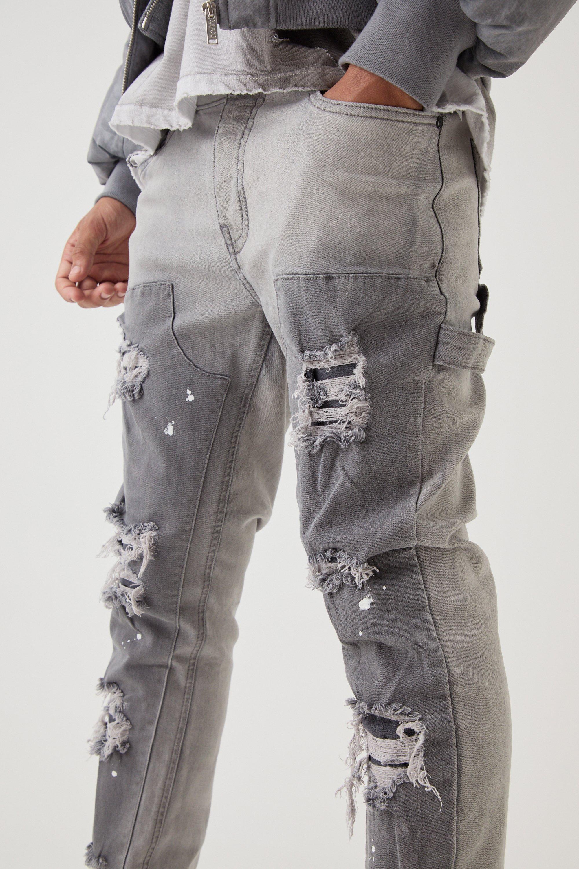 Skinny Stretch Stacked Carpenter Rip & Repair Denim Jeans Skinny Stretch Stacked Carpenter Rip & Repair Denim Jeans